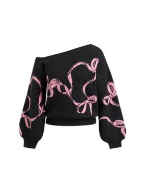 Women's Off Shoulder Bowknot Knit Pullover Sweater - Long Sleeve - 42% Acrylic